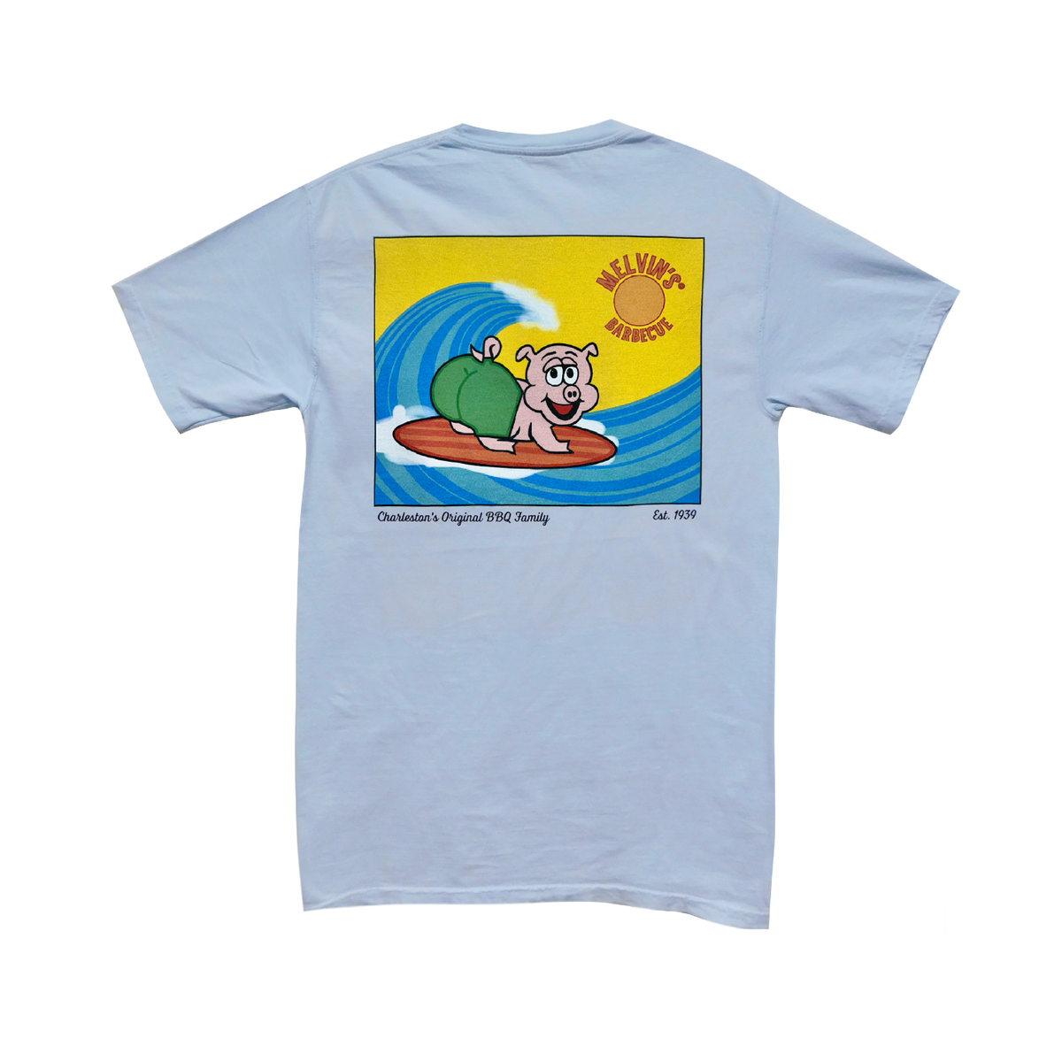 light blue surfing pig t-shirt