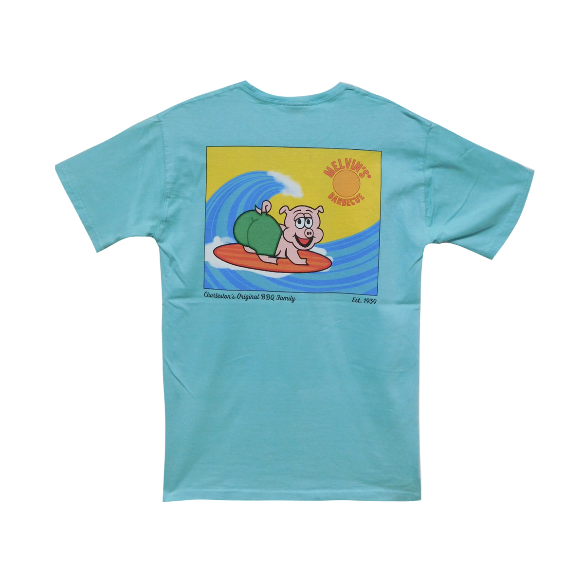 teal surfing pig t-shirt